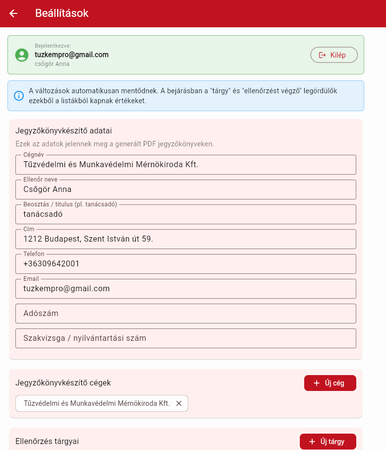 Beállítások képernyő — Jegyzőkönyvkészítő adatai blokk